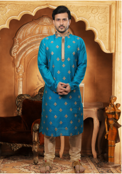 Blue Color Slub Silk And Poly Fabric Kurta Set